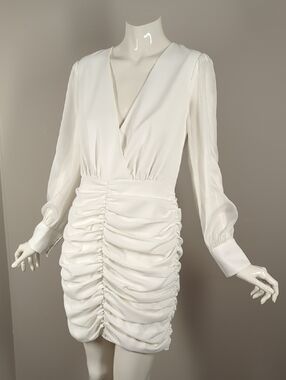 Adelyn Rae Elegant White Ruched Long-Sleeve V-Neck Dress